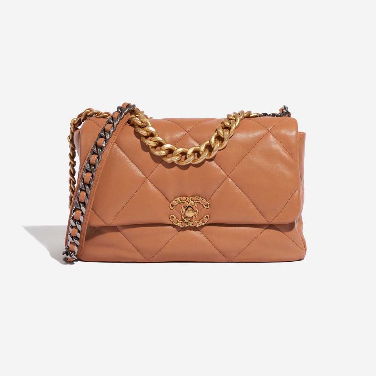 Pre-owned Chanel bag 19 Large Flap Bag Lamb Camel Brown Front | Sell your designer bag on Saclab.com
