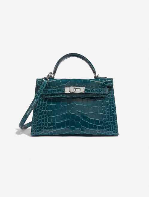 Pre-owned Hermès bag Kelly Mini Alligator Vert Bosphore Blue Front | Sell your designer bag on Saclab.com