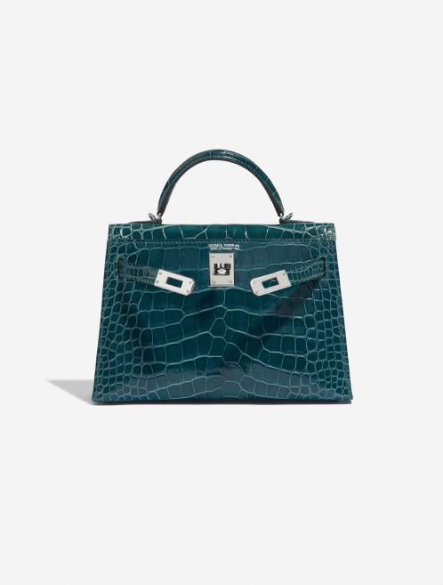 Pre-owned Hermès bag Kelly Mini Alligator Vert Bosphore Blue Front Open | Sell your designer bag on Saclab.com