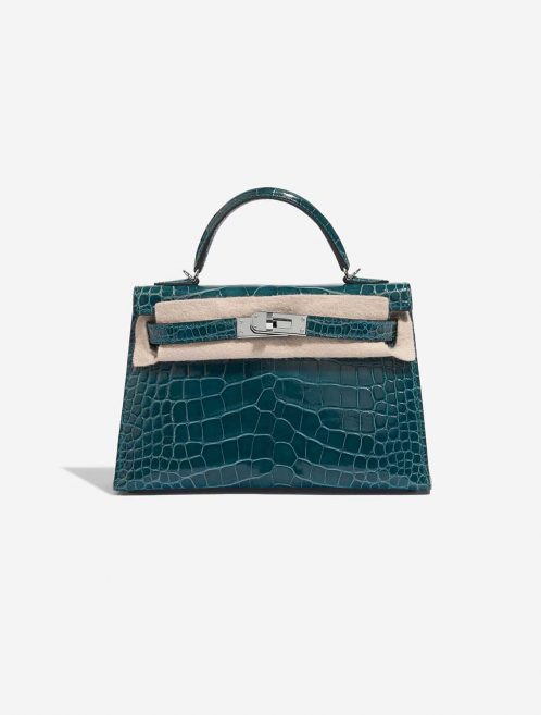 Pre-owned Hermès bag Kelly Mini Alligator Vert Bosphore Blue Front Velt | Sell your designer bag on Saclab.com