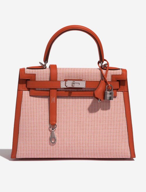 Pre-owned Hermès bag Kelly 28 Toile Quadrille / Swift Terre Battue / Mauve Sylvestre / Blanc Red, Rose, White Front | Sell your designer bag on Saclab.com