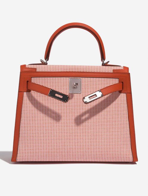 Pre-owned Hermès bag Kelly 28 Toile Quadrille / Swift Terre Battue / Mauve Sylvestre / Blanc Red, Rose, White Front Open | Sell your designer bag on Saclab.com