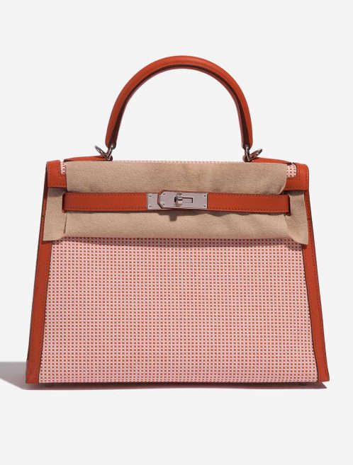 Pre-owned Hermès bag Kelly 28 Toile Quadrille / Swift Terre Battue / Mauve Sylvestre / Blanc Red, Rose, White Front Velt | Sell your designer bag on Saclab.com