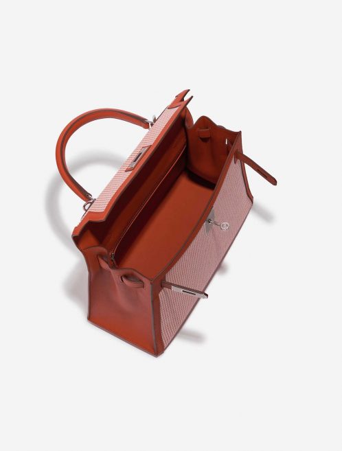 Pre-owned Hermès bag Kelly 28 Toile Quadrille / Swift Terre Battue / Mauve Sylvestre / Blanc Red, Rose, White Inside | Sell your designer bag on Saclab.com