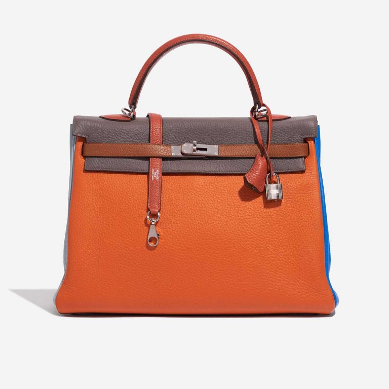 Pre-owned Hermès bag Kelly 35 Harlequin Togo Orange /  Etain / Blue Lin / Sanguine / Blue Hydra / Gold Multicolour, Orange, Red Front | Sell your designer bag on Saclab.com