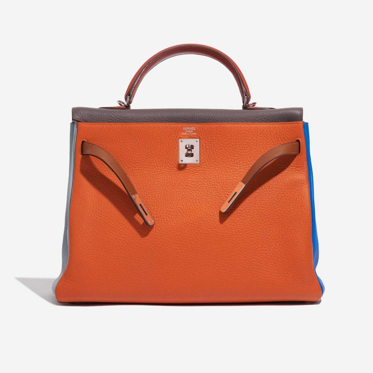 Pre-owned Hermès bag Kelly 35 Harlequin Togo Orange /  Etain / Blue Lin / Sanguine / Blue Hydra / Gold Multicolour, Orange, Red Front Open | Sell your designer bag on Saclab.com