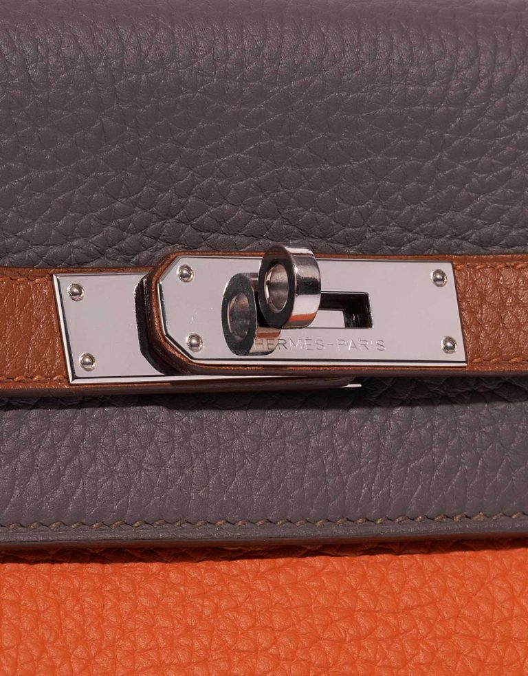 Pre-owned Hermès bag Kelly 35 Harlequin Togo Orange /  Etain / Blue Lin / Sanguine / Blue Hydra / Gold Multicolour, Orange, Red Closing System | Sell your designer bag on Saclab.com