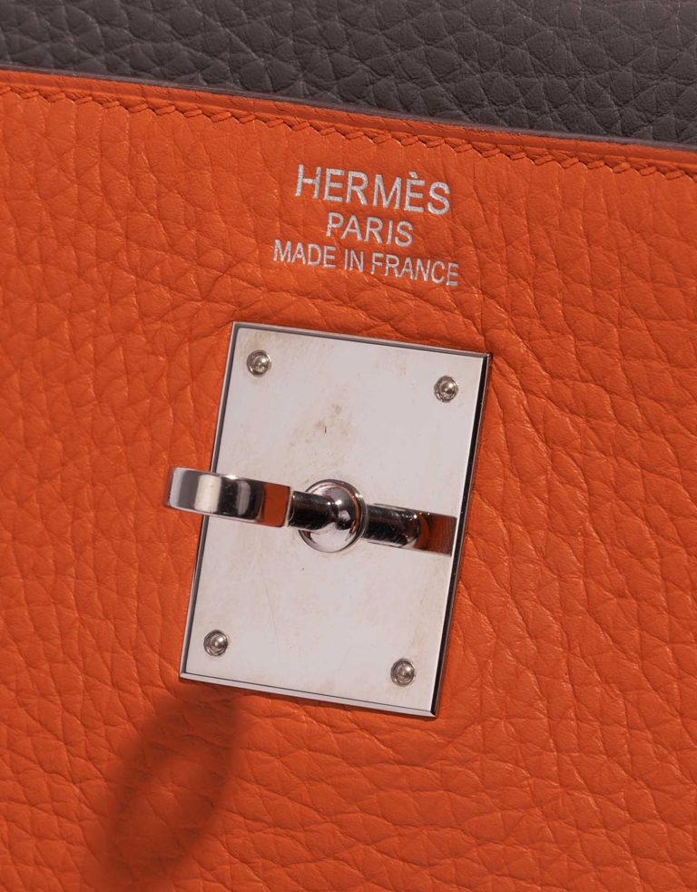 Pre-owned Hermès bag Kelly 35 Harlequin Togo Orange /  Etain / Blue Lin / Sanguine / Blue Hydra / Gold Multicolour, Orange, Red Logo | Sell your designer bag on Saclab.com
