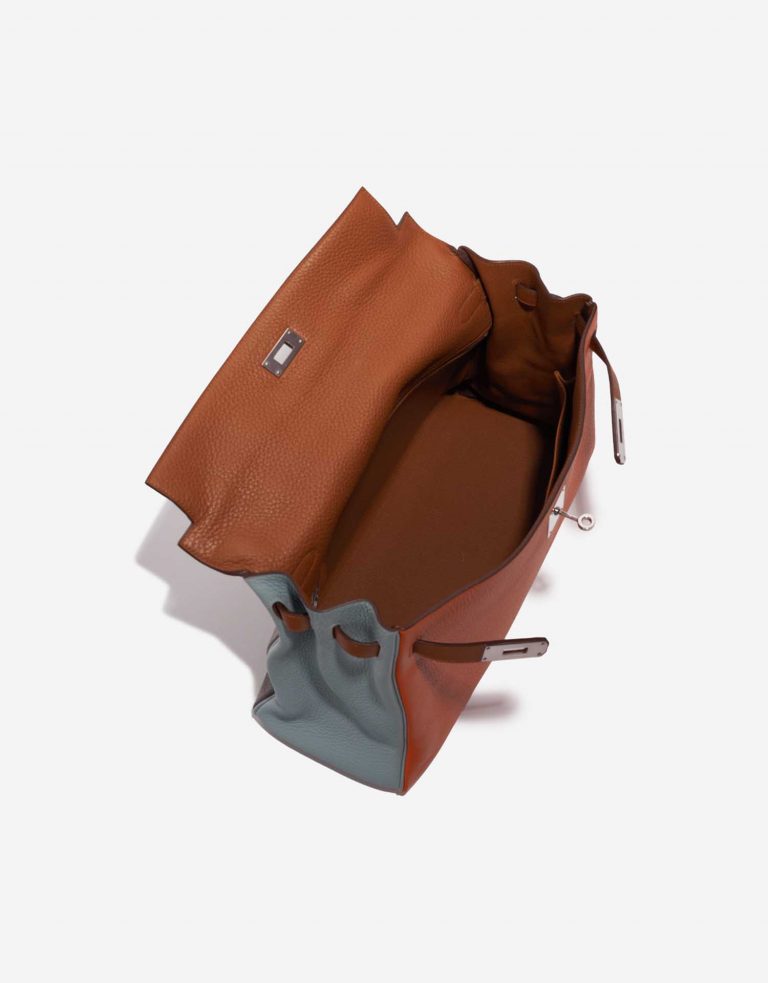 Pre-owned Hermès bag Kelly 35 Harlequin Togo Orange /  Etain / Blue Lin / Sanguine / Blue Hydra / Gold Multicolour, Orange, Red Inside | Sell your designer bag on Saclab.com