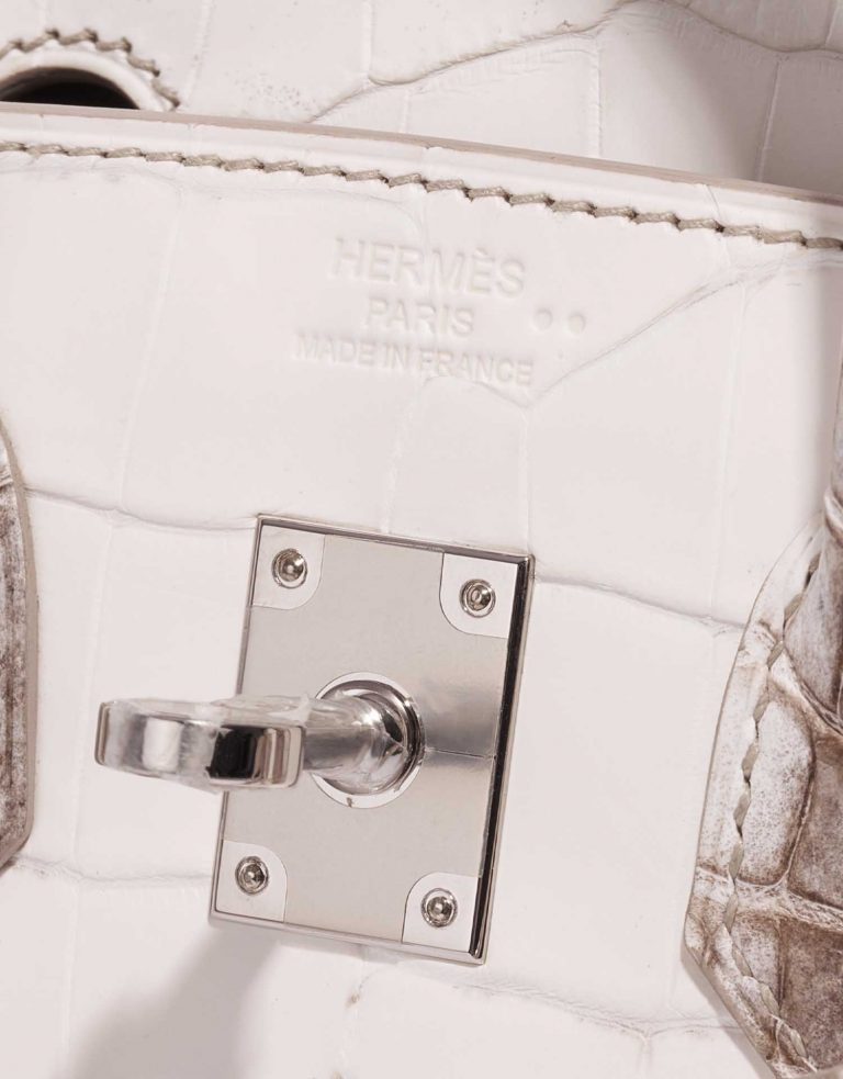 Pre-owned Hermès bag Birkin 25 Niloticus Crocodile Himalaya Blanc Brown, White Logo | Sell your designer bag on Saclab.com