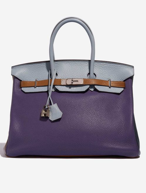 Pre-owned Hermès bag Birkin Harlequin 35 Clemence Ultra Violet / Etain / Bleu Lin / Bleu Obscur / Etoupe / Gold Multicolour Front | Sell your designer bag on Saclab.com