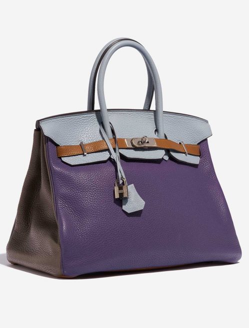 Pre-owned Hermès bag Birkin Harlequin 35 Clemence Ultra Violet / Etain / Bleu Lin / Bleu Obscur / Etoupe / Gold Multicolour Side Front | Sell your designer bag on Saclab.com