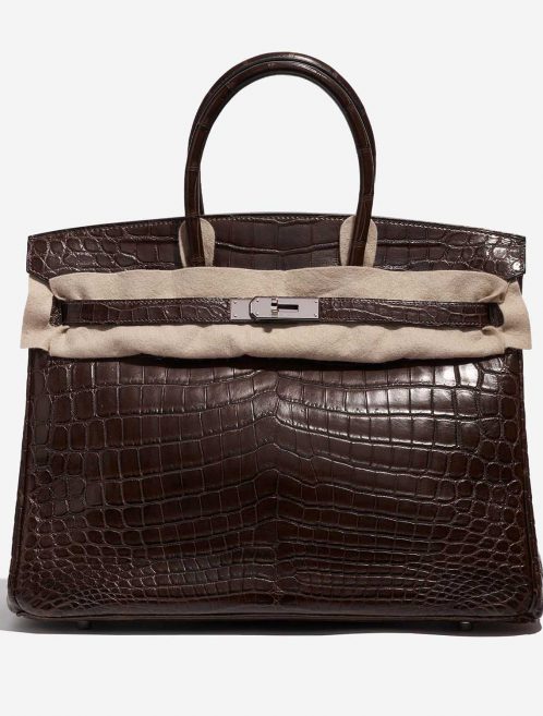 Pre-owned Hermès bag Birkin 35 Crocodile Niloticus Marron Brown Front Velt | Sell your designer bag on Saclab.com