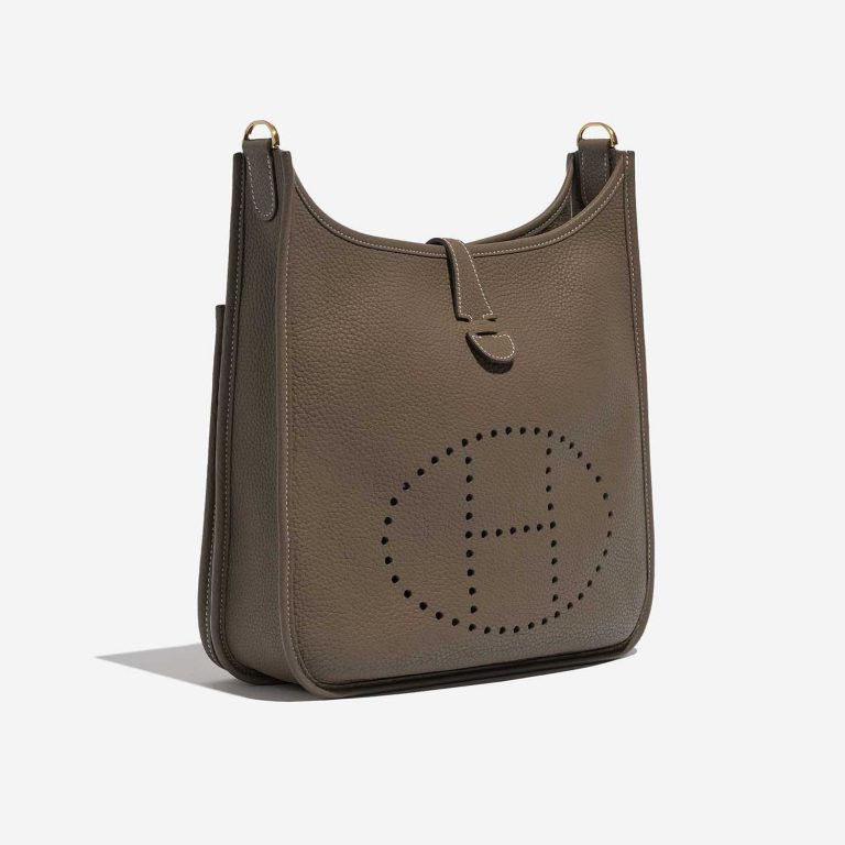 Pre-owned Hermès bag Evelyne 29 Taurillon Clemence Etoupe Brown Side Front | Sell your designer bag on Saclab.com