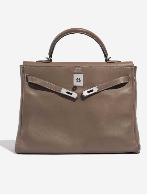Pre-owned Hermès bag Kelly 35 Swift Etoupe Brown, Grey Front Open | Sell your designer bag on Saclab.com