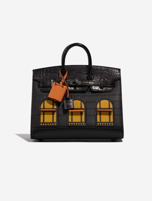 Pre-owned Hermès bag Birkin Faubourg 20 Midnight Matte Alligator / Veau madame / Chevre Mysore / Veau Monsieur / Black / Jaune Ambre / Orange H Black Front | Sell your designer bag on Saclab.com