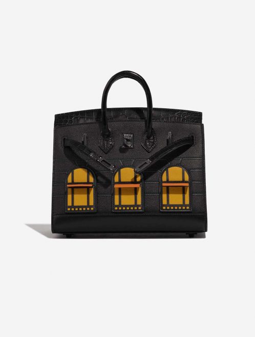 Pre-owned Hermès bag Birkin Faubourg 20 Midnight Matte Alligator / Veau madame / Chevre Mysore / Veau Monsieur / Black / Jaune Ambre / Orange H Black Front Open | Sell your designer bag on Saclab.com