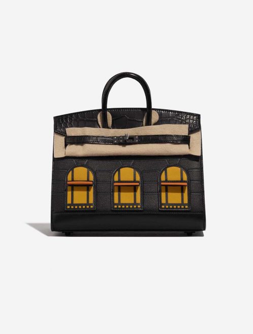 Pre-owned Hermès bag Birkin Faubourg 20 Midnight Matte Alligator / Veau madame / Chevre Mysore / Veau Monsieur / Black / Jaune Ambre / Orange H Black Front Velt | Sell your designer bag on Saclab.com