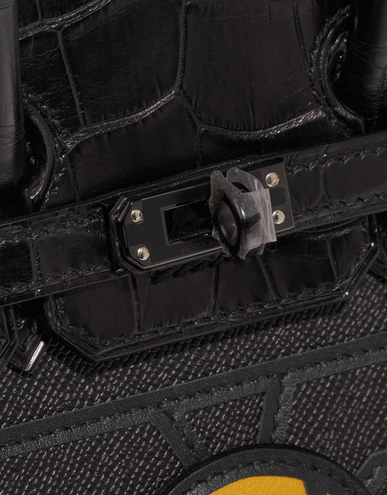 Pre-owned Hermès bag Birkin Faubourg 20 Midnight Matte Alligator / Veau madame / Chevre Mysore / Veau Monsieur / Black / Jaune Ambre / Orange H Black Front | Sell your designer bag on Saclab.com