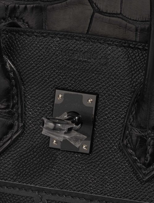 Pre-owned Hermès bag Birkin Faubourg 20 Midnight Matte Alligator / Veau madame / Chevre Mysore / Veau Monsieur / Black / Jaune Ambre / Orange H Black Logo | Sell your designer bag on Saclab.com