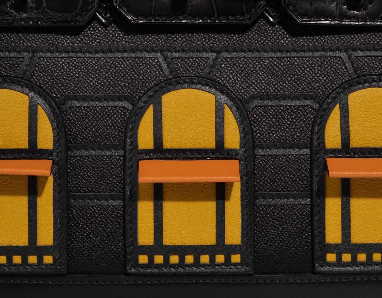 Pre-owned Hermès bag Birkin Faubourg 20 Midnight Matte Alligator / Veau madame / Chevre Mysore / Veau Monsieur / Black / Jaune Ambre / Orange H Black Detail | Sell your designer bag on Saclab.com