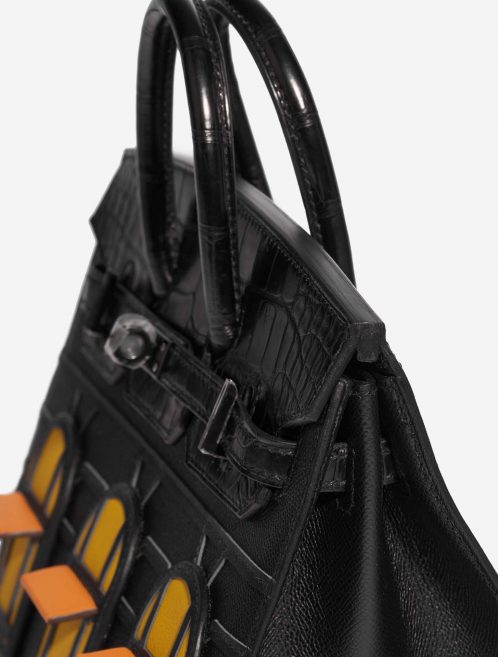Pre-owned Hermès bag Birkin Faubourg 20 Midnight Matte Alligator / Veau madame / Chevre Mysore / Veau Monsieur / Black / Jaune Ambre / Orange H Black Detail | Sell your designer bag on Saclab.com