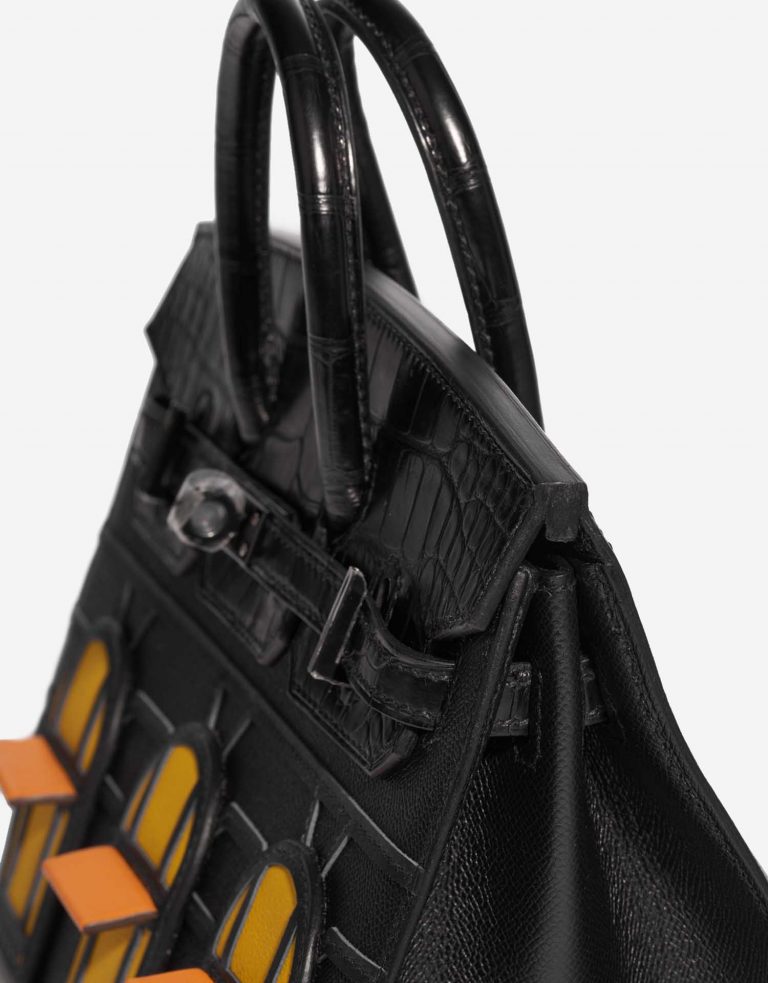 Pre-owned Hermès bag Birkin Faubourg 20 Midnight Matte Alligator / Veau madame / Chevre Mysore / Veau Monsieur / Black / Jaune Ambre / Orange H Black Detail | Sell your designer bag on Saclab.com