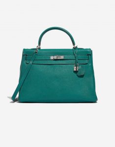Pre-owned Hermès bag Kelly 35 Chevre Mysore Blue Paon Blue, Green Front | Sell your designer bag on Saclab.com