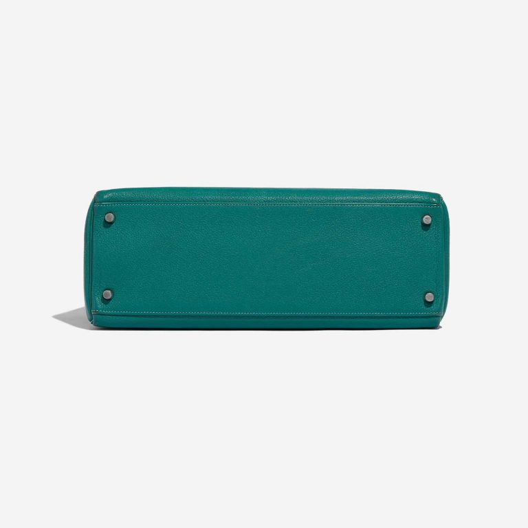 Pre-owned Hermès bag Kelly 35 Chevre Mysore Blue Paon Blue, Green Bottom | Sell your designer bag on Saclab.com