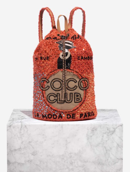 Pre-owned Chanel bag Coco Club Backpack Tweed / Canvas / Sequins Orange / Beige / Black Orange Front | Sell your designer bag on Saclab.com