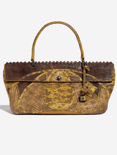 Pre-owned Bottega Veneta bag Lizard Patchwork Prezioso Satchel Lizard / Calf Yellow / Brown Brown, Yellow Front | Sell your designer bag on Saclab.com