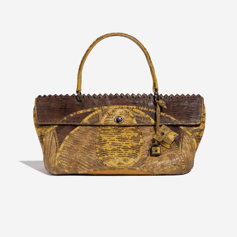 Pre-owned Bottega Veneta bag Lizard Patchwork Prezioso Satchel Lizard / Calf Yellow / Brown Brown, Yellow Front | Sell your designer bag on Saclab.com
