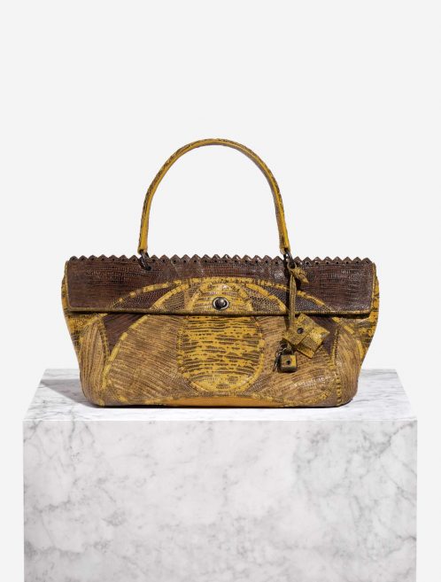 Pre-owned Bottega Veneta bag Lizard Patchwork Prezioso Satchel Lizard / Calf Yellow / Brown Brown, Yellow Front | Sell your designer bag on Saclab.com