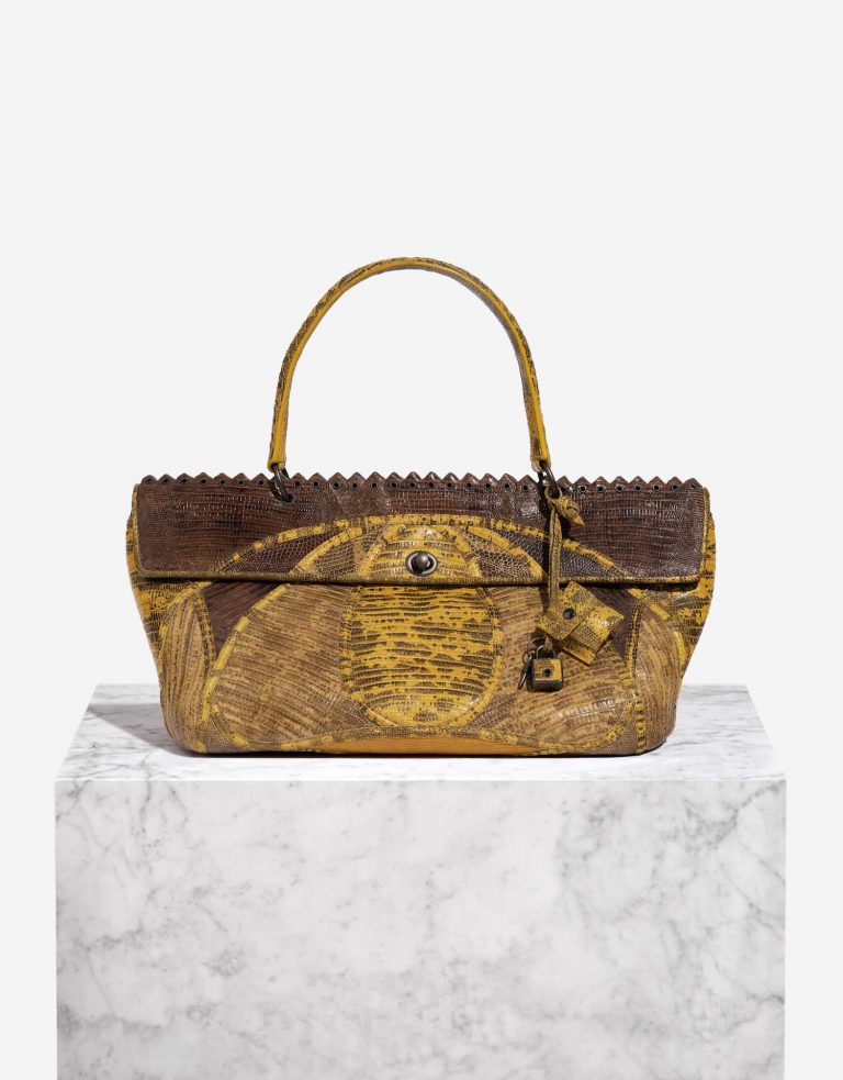 Pre-owned Bottega Veneta bag Lizard Patchwork Prezioso Satchel Lizard / Calf Yellow / Brown Brown Front | Sell your designer bag on Saclab.com