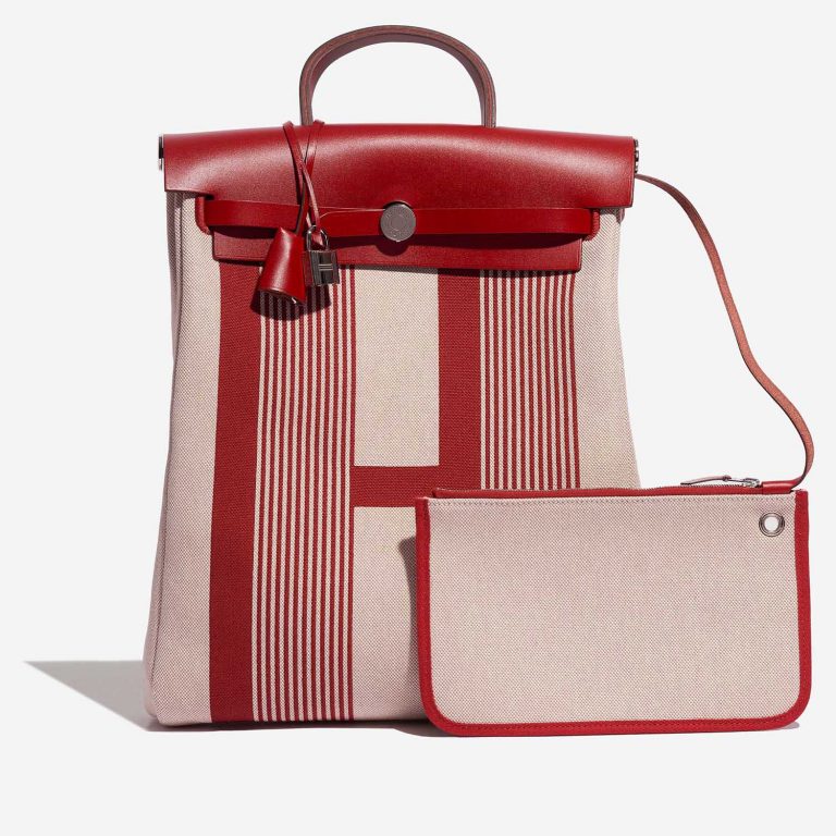 Pre-owned Hermès bag Herbag Backpack Toile / Vache Hunter Bordeaux / Ecru / Beige / Piment Red Front | Sell your designer bag on Saclab.com
