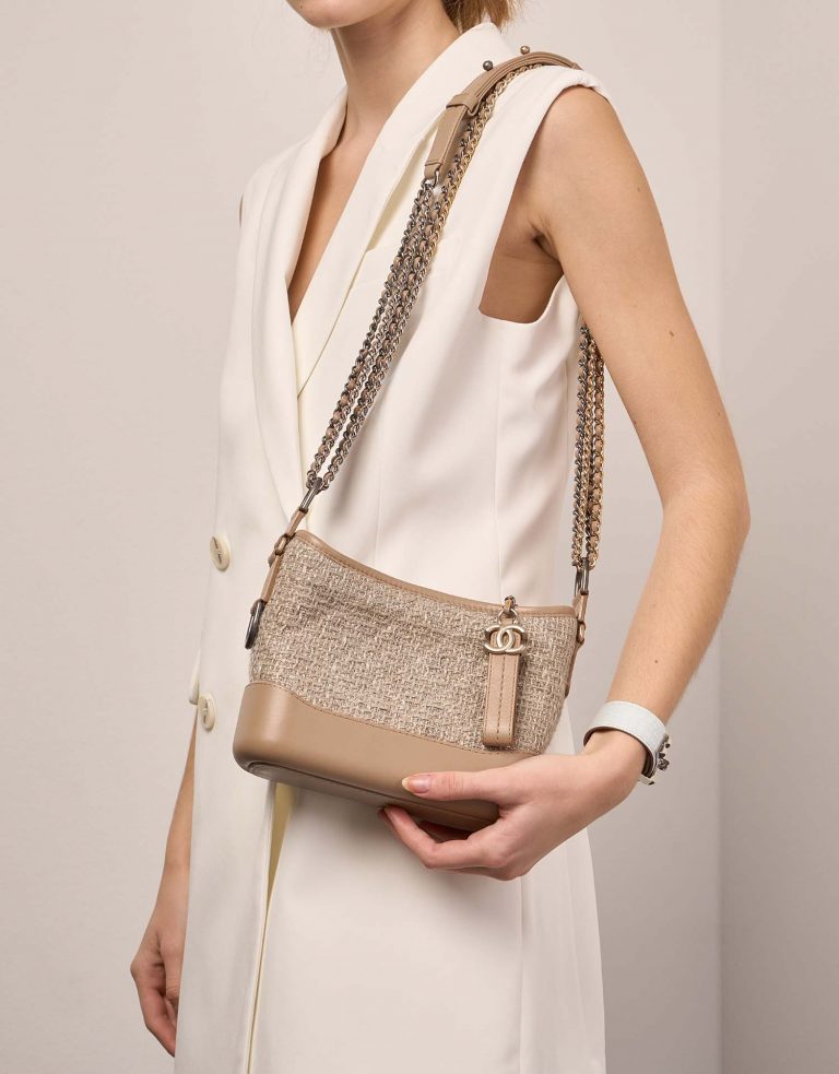 Pre-owned Chanel bag Gabrielle Small Tweed / Calf Beige Beige Front | Sell your designer bag on Saclab.com