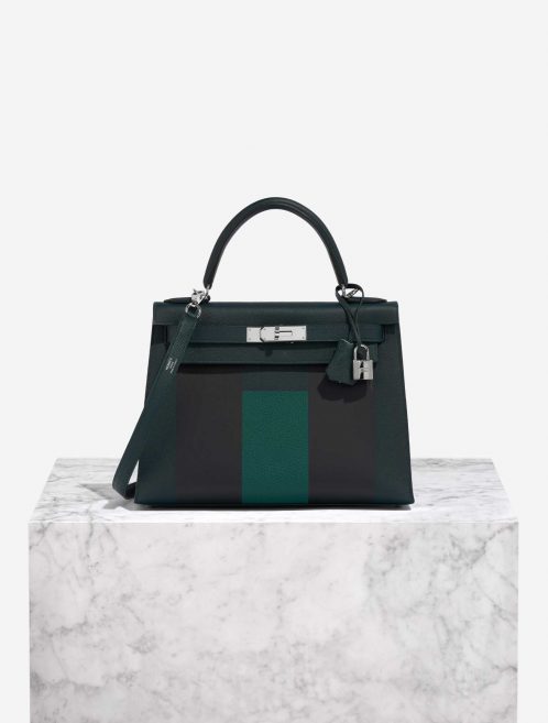 Hermès Kelly 28 VertCypres-Blue Obscur-Malachite Front  | Sell your designer bag on Saclab.com