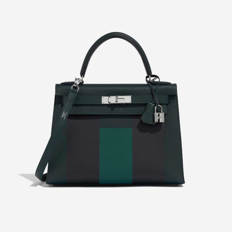 Hermès Kelly 28 VertCypres-Blue Obscur-Malachite Front  | Sell your designer bag on Saclab.com