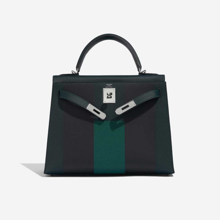 Hermès Kelly 28 VertCypres-Blue Obscur-Malachite Front Open | Sell your designer bag on Saclab.com