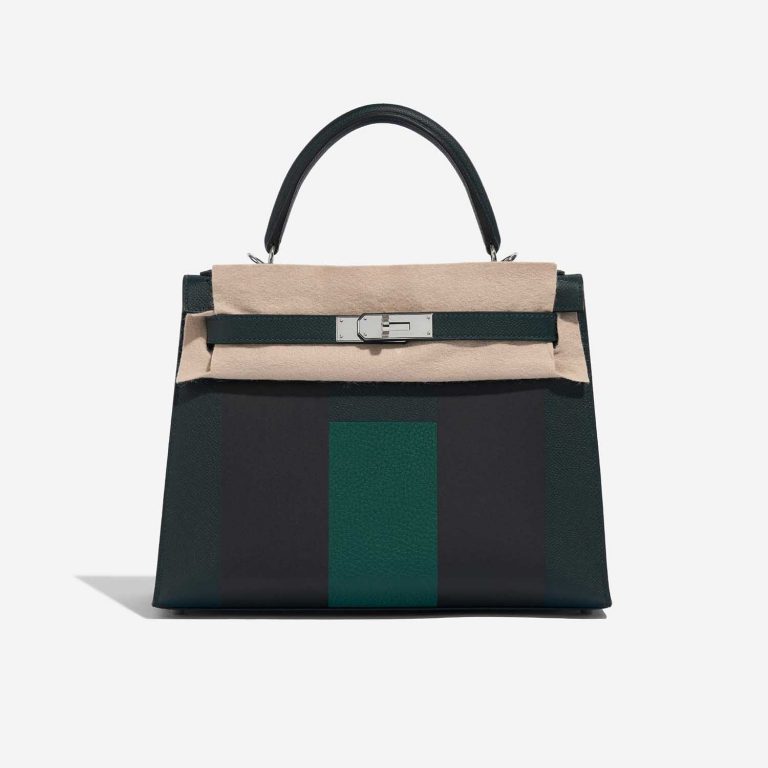 Hermès Kelly 28 VertCypres-Blue Obscur-Malachite Front Velt | Sell your designer bag on Saclab.com