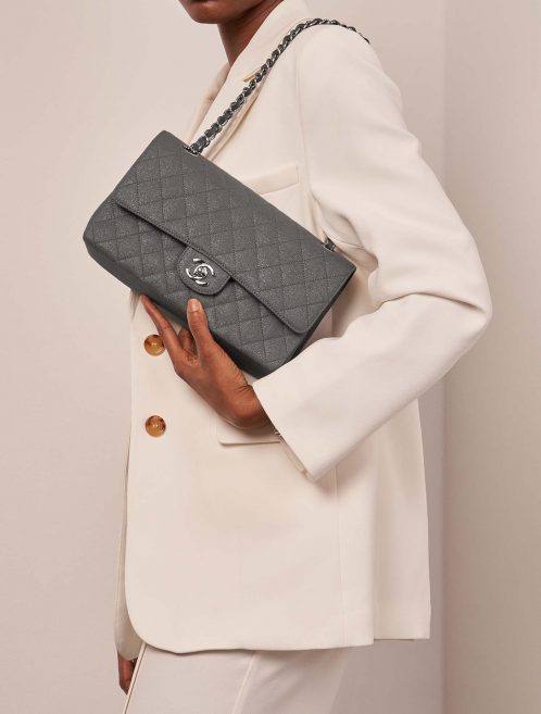 Chanel Timeless Medium Grey-GoldShimmer Sizes Worn | Sell your designer bag on Saclab.com