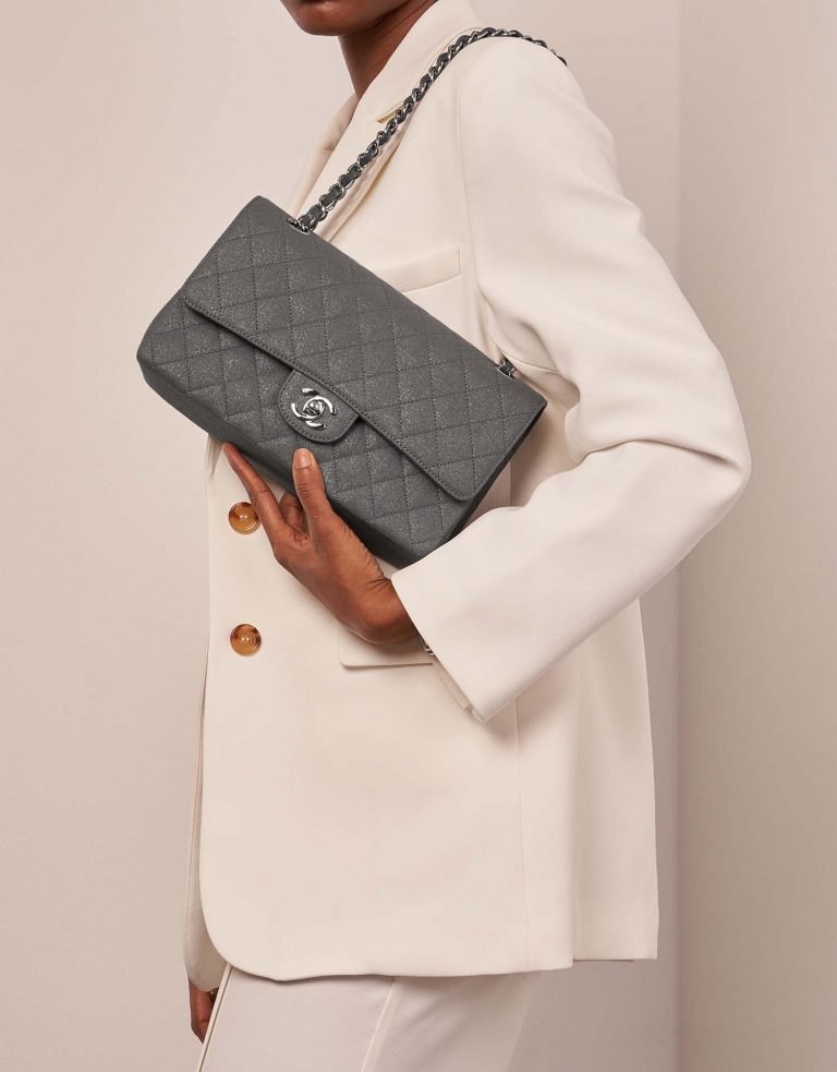 Chanel Timeless Medium Grey-GoldShimmer Sizes Worn | Sell your designer bag on Saclab.com
