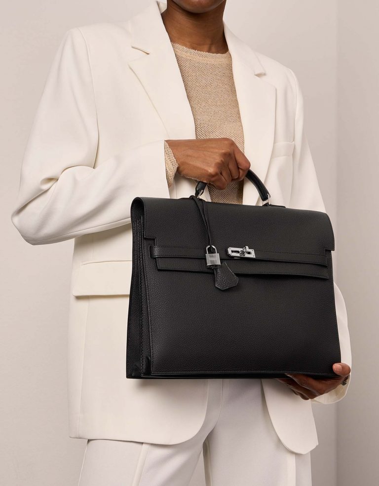 Pre-owned Hermès bag Kelly Depeche 34 HSS Togo Plomb Black Front | Sell your designer bag on Saclab.com