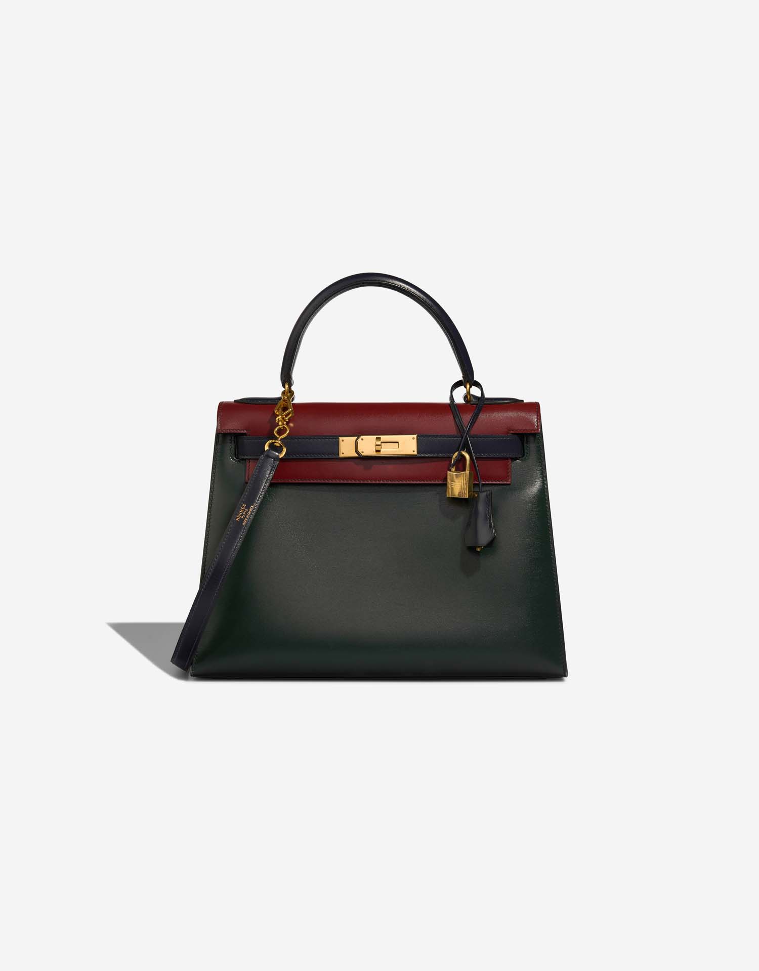 Hermès Kelly 28 Box Vert Fonce / Rouge H / Blue Indigo | SACLÀB