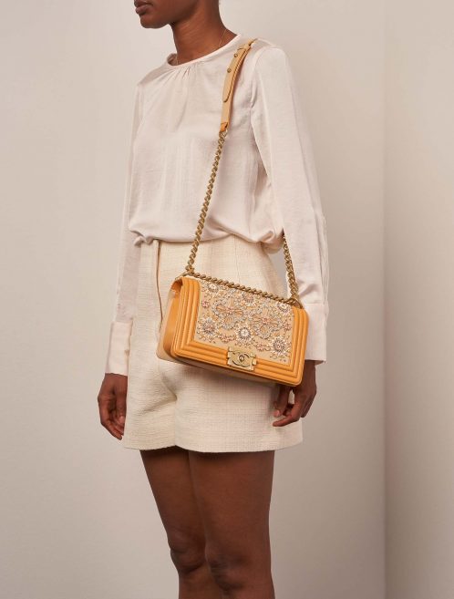 Chanel Boy New Medium Lamb / Embroidery Orange / Multicolour on Model | Sell your designer bag