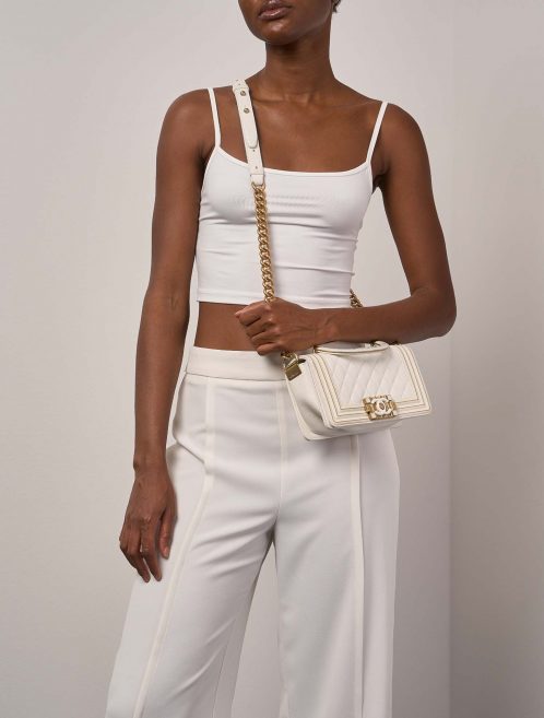 Chanel Boy Small White-Gold Sizes Worn | Sell your designer bag on Saclab.com