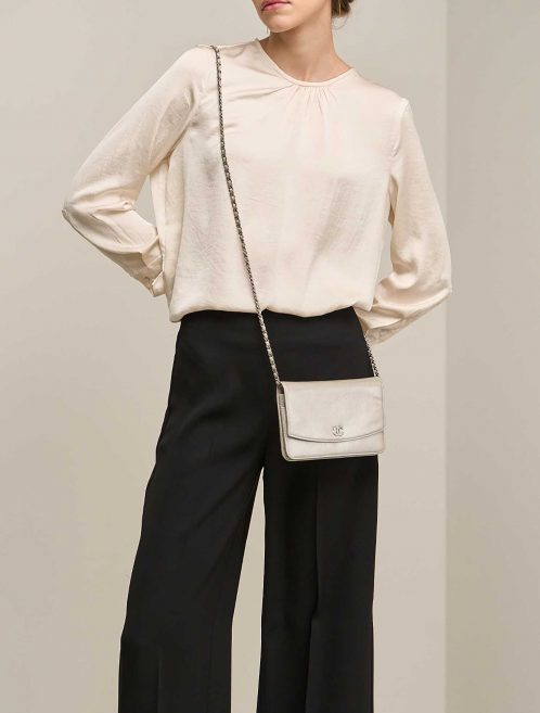 Chanel Timeless Wallet On Chain Caviar Shiny Champagne on Model | Sell your designer bag