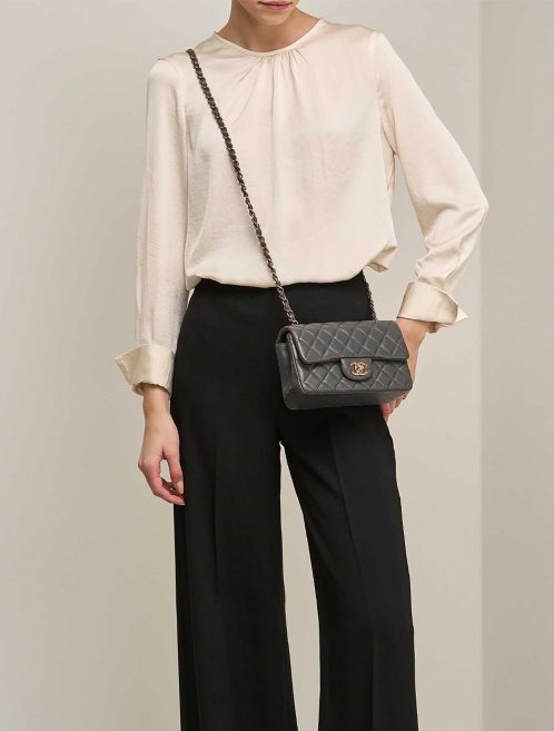 Chanel Timeless Mini Rectangular Lamb Anthracite on Model | Sell your designer bag