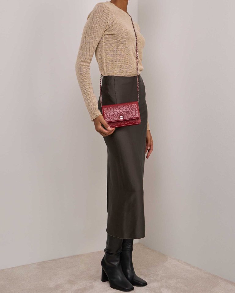 Chanel Timeless Wallet On Chain Lamb Dark Red on Model | Sell your designer bag