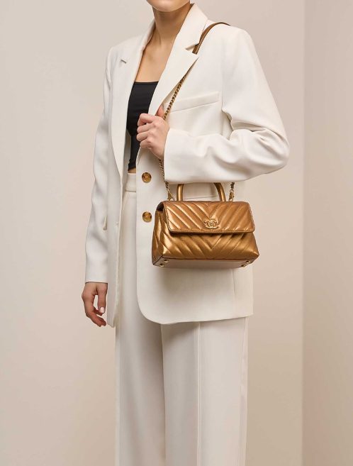 Chanel Timeless Handle Small Lamb Iridescent Bronze on Model | Sell your designer bag